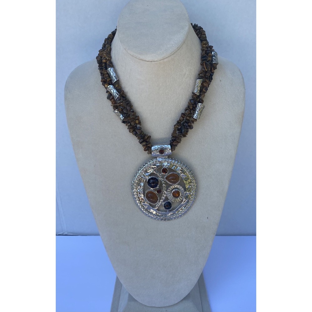 Necklace big pendant brown tone silver tone 17" inches bohemian chic 3"‎ pendant